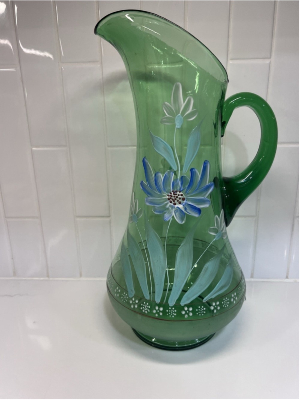 Antique Northwood Victorian Green Enameled Art Glass Tankard Water Pitcher 13"